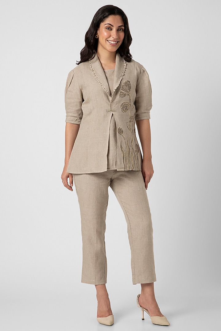 Natural-Colored Linen Hand Screen Printed Blazer Set by Kaveri at Pernia's Pop Up Shop