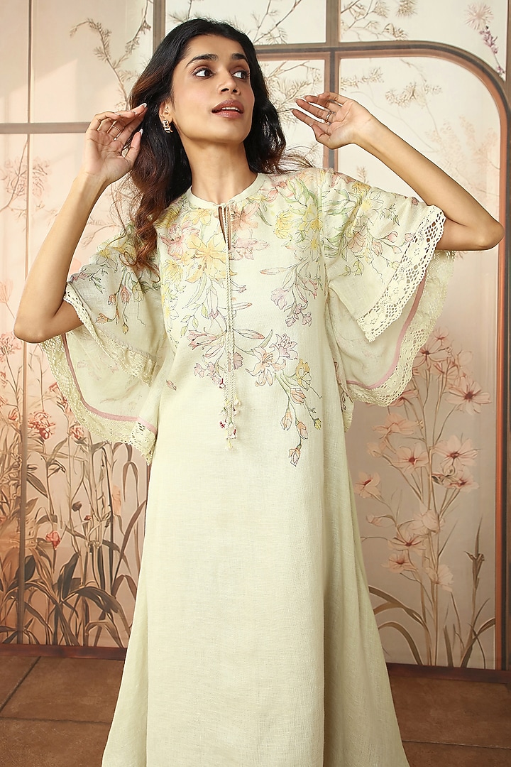 Green Tea Linen Floral Printed Layered Vacation Dress by Kaveri at Pernia's Pop Up Shop