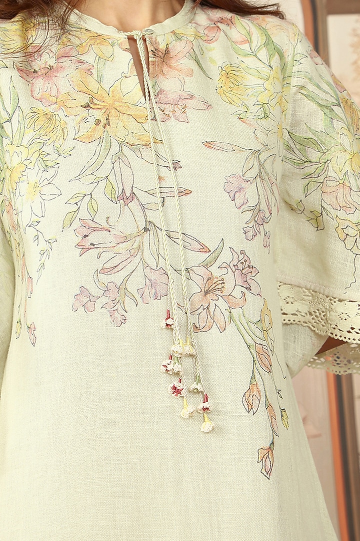 Green Tea Linen Floral Printed Layered Vacation Dress by Kaveri at Pernia's Pop Up Shop