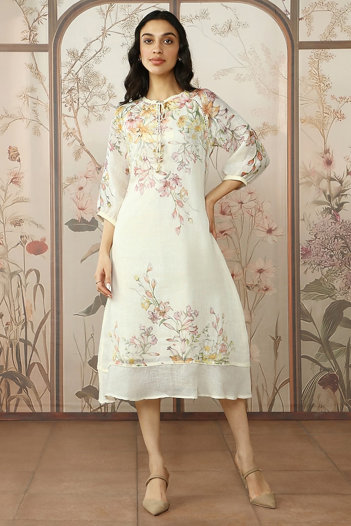 Off-White Linen Floral Printed Summer Dress by Kaveri at Pernia's Pop Up Shop