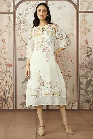 Off-White Linen Floral Printed Dress by Kaveri