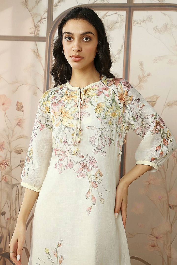 Off-White Linen Floral Printed Summer Dress by Kaveri at Pernia's Pop Up Shop