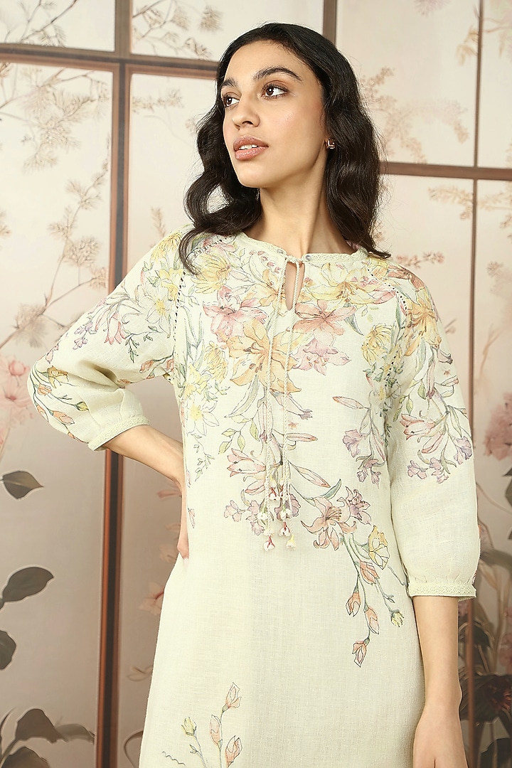 Green Tea Linen Floral Printed Summer Dress by Kaveri at Pernia's Pop Up Shop
