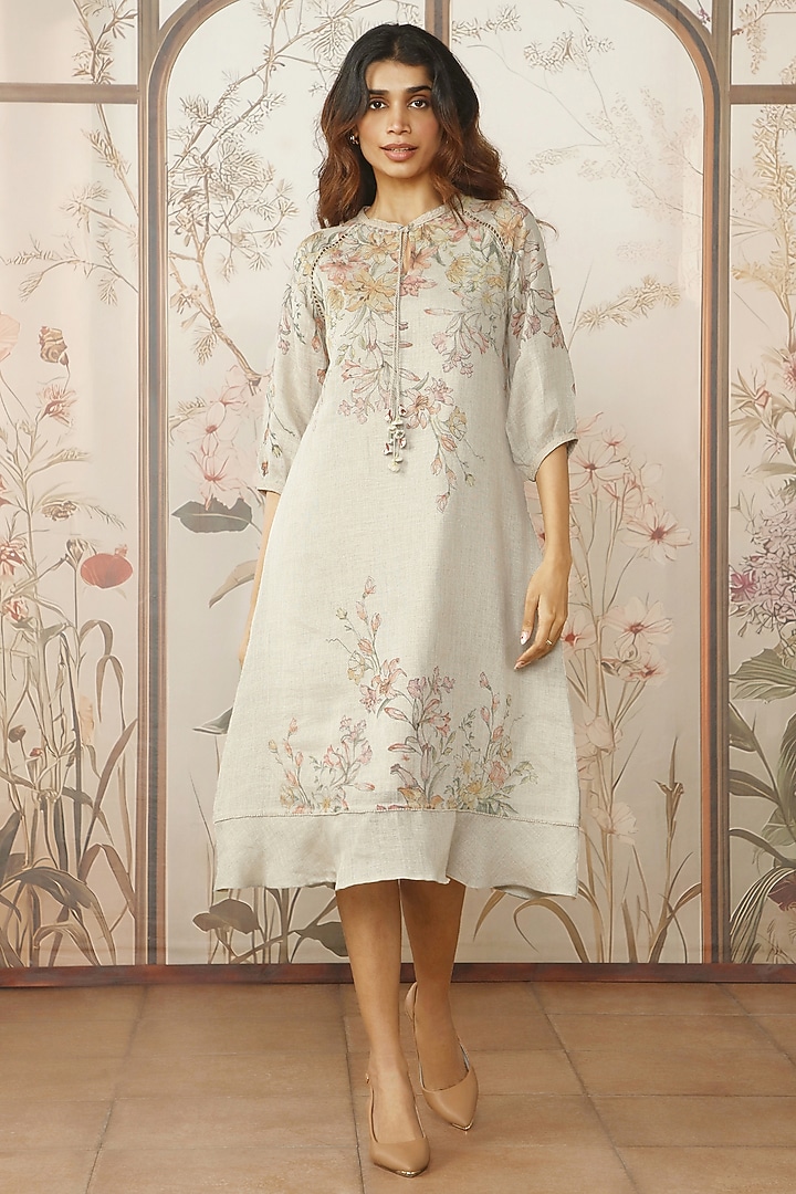 Natural Linen Floral Printed Summer Dress by Kaveri at Pernia's Pop Up Shop