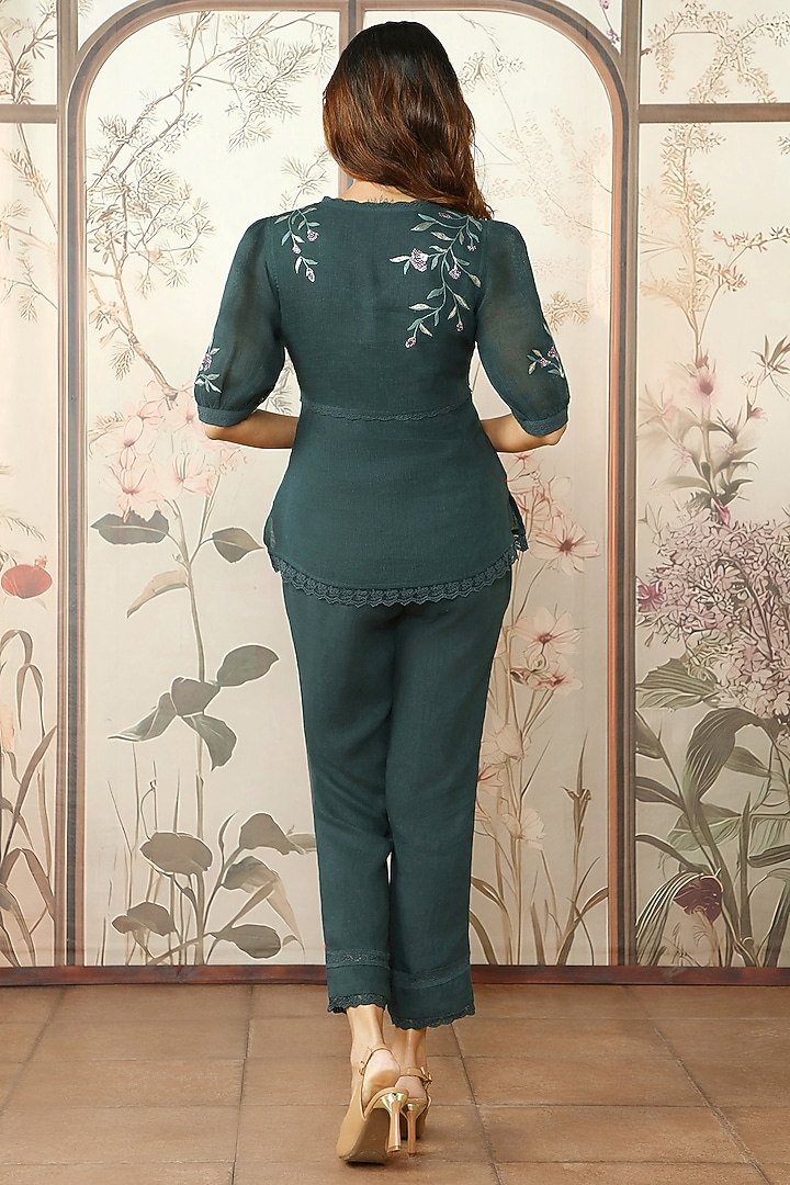 Forest Green Linen Thread Hand Embroidered Top by Kaveri at Pernia's Pop Up Shop
