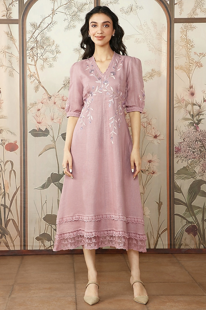 Quartz Linen Thread Hand Embroidered Vacation Dress by Kaveri at Pernia's Pop Up Shop