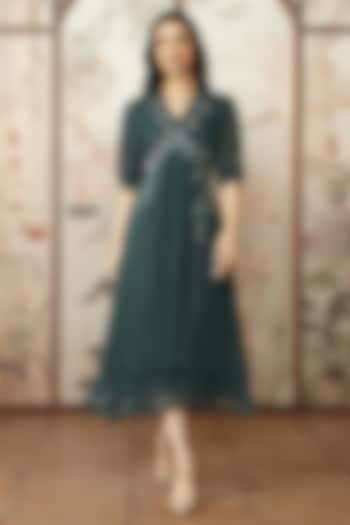 Forest Green Linen Thread Hand Embroidered Vacation Dress by Kaveri at Pernia's Pop Up Shop