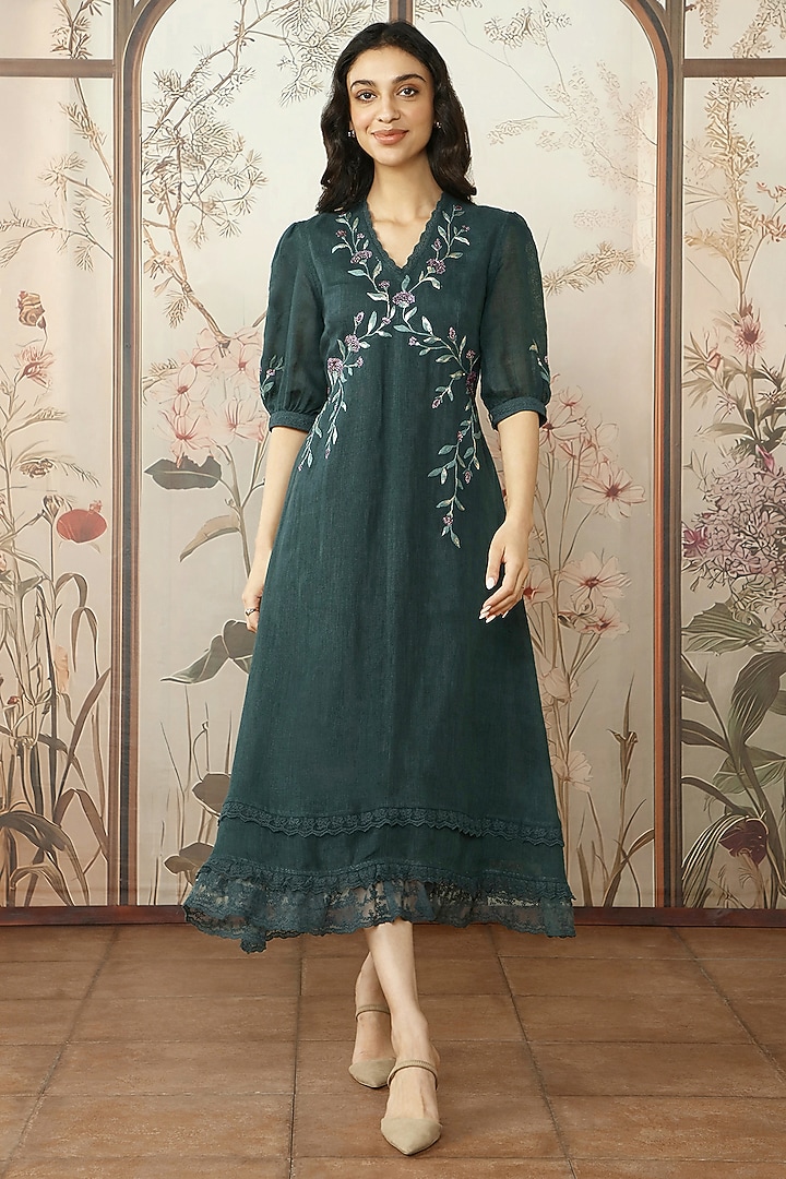 Forest Green Linen Thread Hand Embroidered Vacation Dress by Kaveri at Pernia's Pop Up Shop