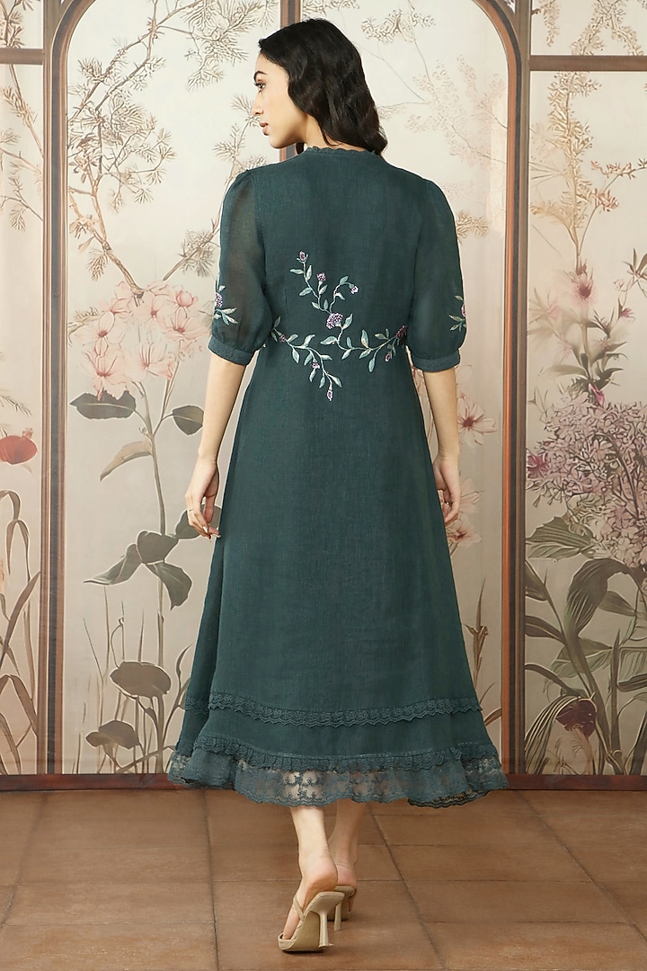 Forest Green Linen Thread Hand Embroidered Vacation Dress by Kaveri at Pernia's Pop Up Shop