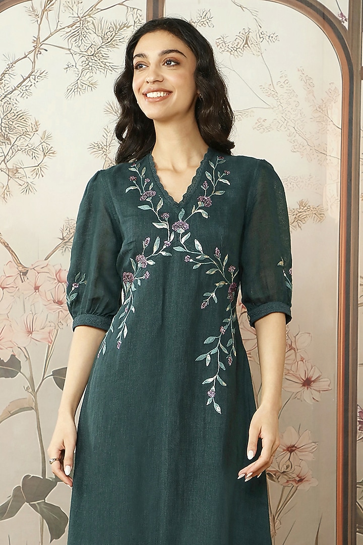 Forest Green Linen Thread Hand Embroidered Vacation Dress by Kaveri at Pernia's Pop Up Shop