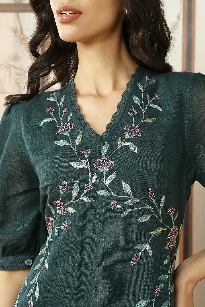 Forest Green Linen Thread Hand Embroidered Vacation Dress by Kaveri at Pernia's Pop Up Shop