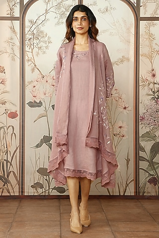 Quartz Linen Thread Hand Embroidered Jacket Dress by Kaveri
