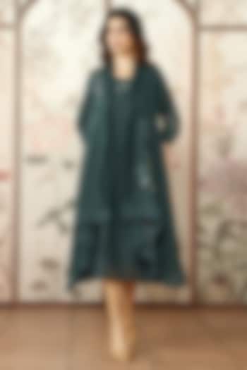 Forest Green Linen Thread Hand Embroidered Jacket Vacation Dress by Kaveri at Pernia's Pop Up Shop