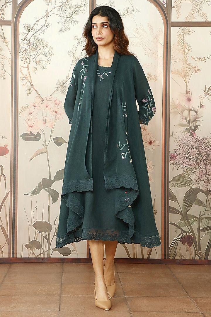 Forest Green Linen Thread Hand Embroidered Jacket Vacation Dress by Kaveri at Pernia's Pop Up Shop
