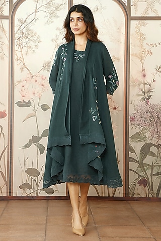 Forest Green Linen Thread Hand Embroidered Jacket Dress by Kaveri