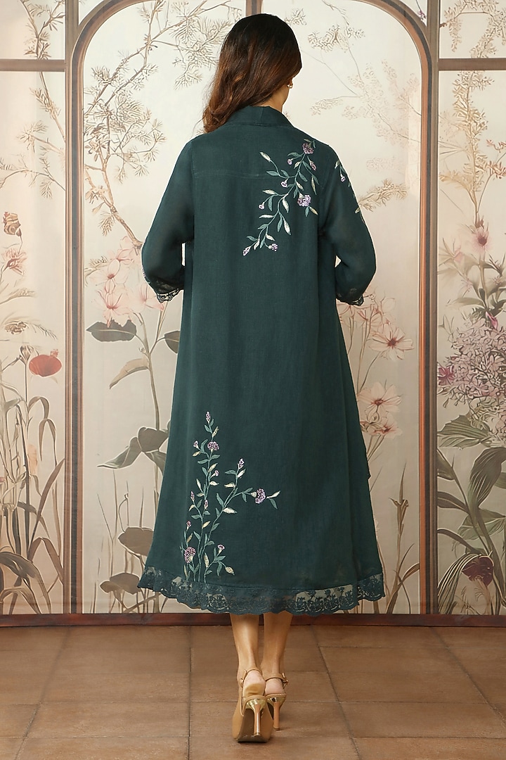 Forest Green Linen Thread Hand Embroidered Jacket Vacation Dress by Kaveri at Pernia's Pop Up Shop