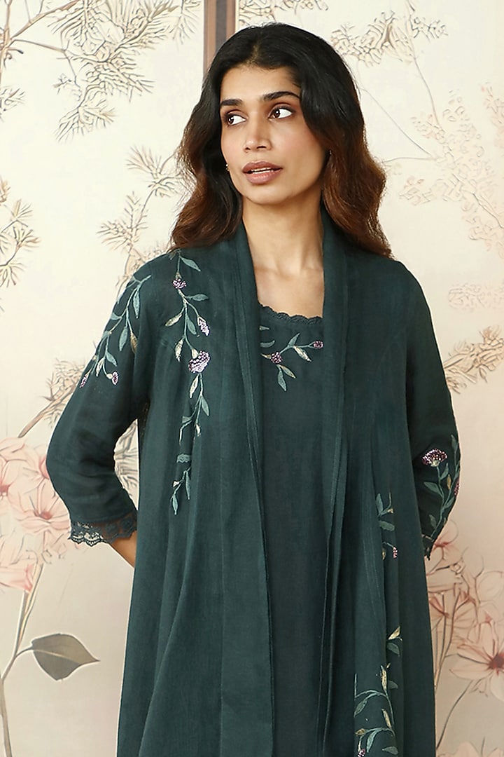 Forest Green Linen Thread Hand Embroidered Jacket Vacation Dress by Kaveri at Pernia's Pop Up Shop
