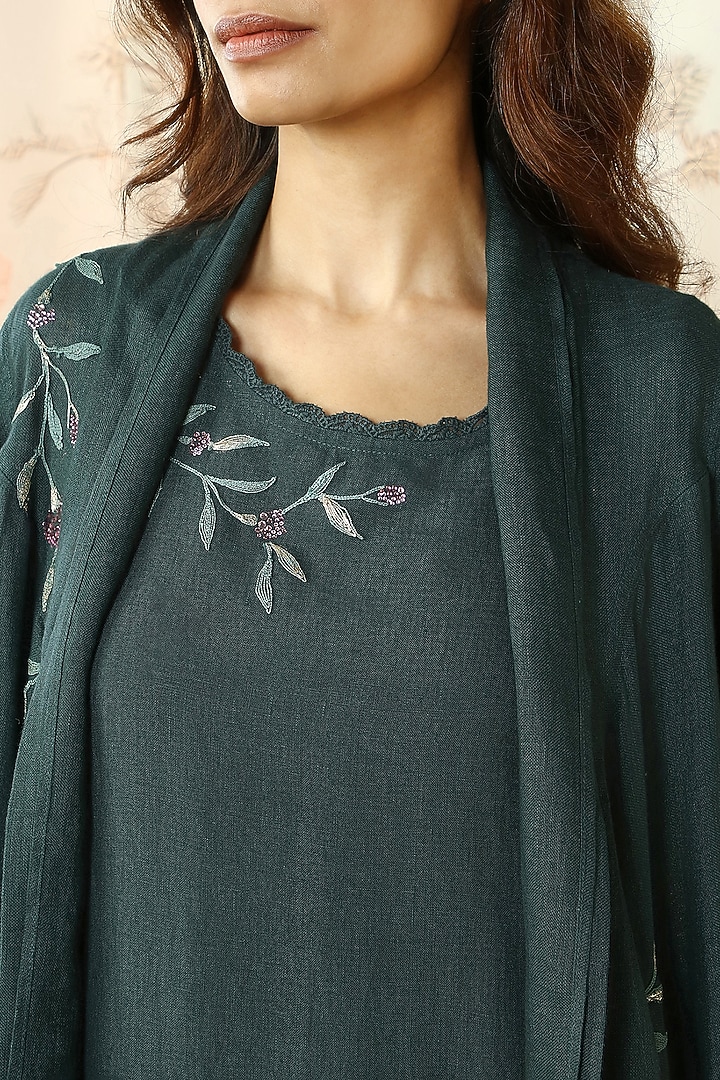 Forest Green Linen Thread Hand Embroidered Jacket Vacation Dress by Kaveri at Pernia's Pop Up Shop