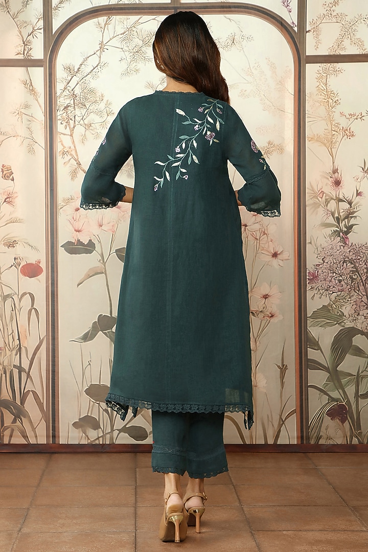 Forest Green Linen Thread Hand Embroidered Tunic Set by Kaveri at Pernia's Pop Up Shop