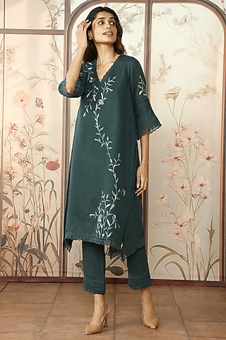 Forest Green Linen Thread Hand Embroidered Tunic Set by Kaveri
