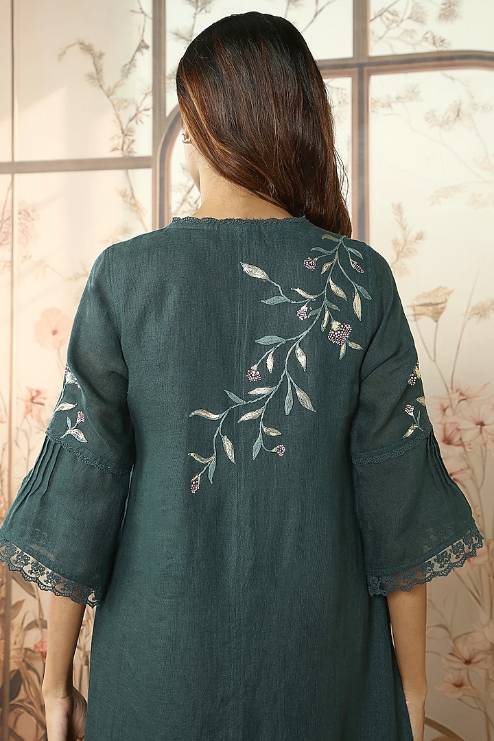 Forest Green Linen Thread Hand Embroidered Tunic Set by Kaveri at Pernia's Pop Up Shop