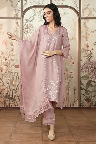 Quartz Linen Thread Hand Embroidered Tunic Set by Kaveri