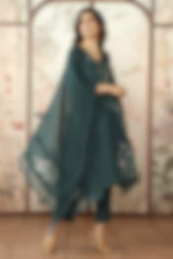 Forest Green Linen Thread Hand Embroidered Tunic Set by Kaveri at Pernia's Pop Up Shop