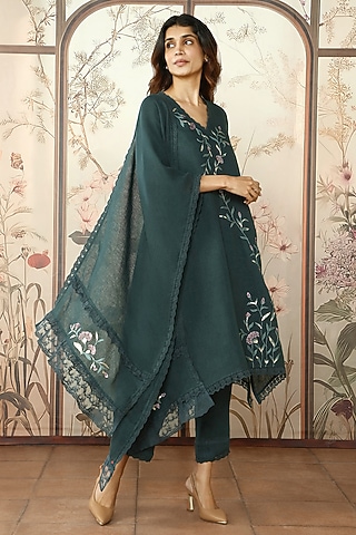 Forest Green Linen Thread Hand Embroidered Tunic Set by Kaveri