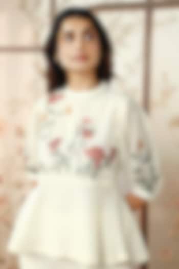 Off-White Linen Embroidered Peplum Top by Kaveri at Pernia's Pop Up Shop
