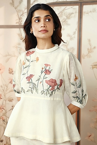 Off-White Linen Embroidered Peplum Top by Kaveri