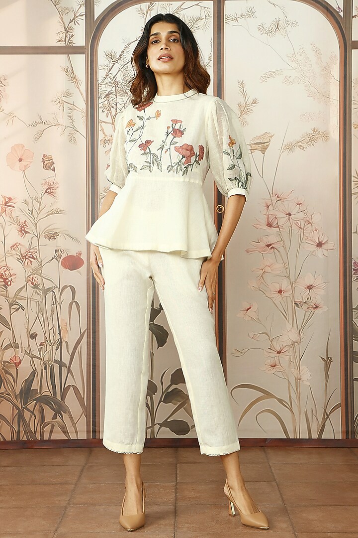 Off-White Linen Embroidered Peplum Top by Kaveri at Pernia's Pop Up Shop