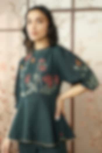 Forest Green Linen Embroidered Peplum Top by Kaveri at Pernia's Pop Up Shop