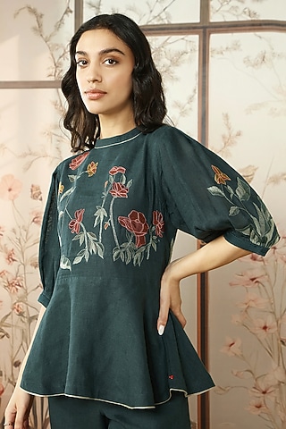 Forest Green Linen Embroidered Peplum Top by Kaveri