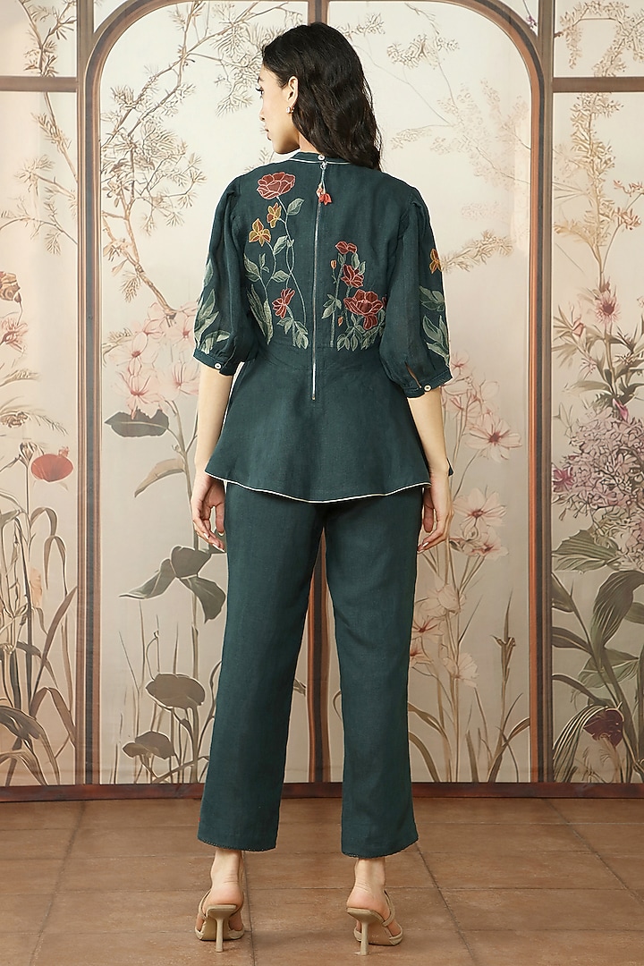 Forest Green Linen Embroidered Peplum Top by Kaveri at Pernia's Pop Up Shop