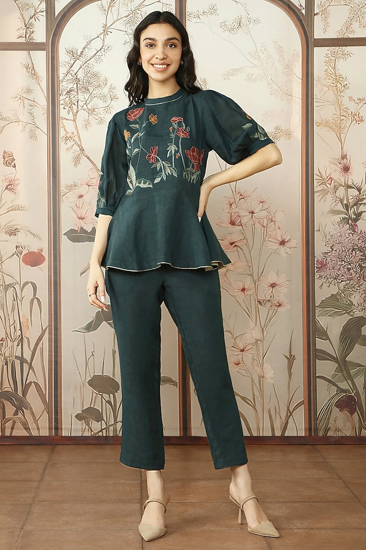 Forest Green Linen Embroidered Peplum Top by Kaveri at Pernia's Pop Up Shop