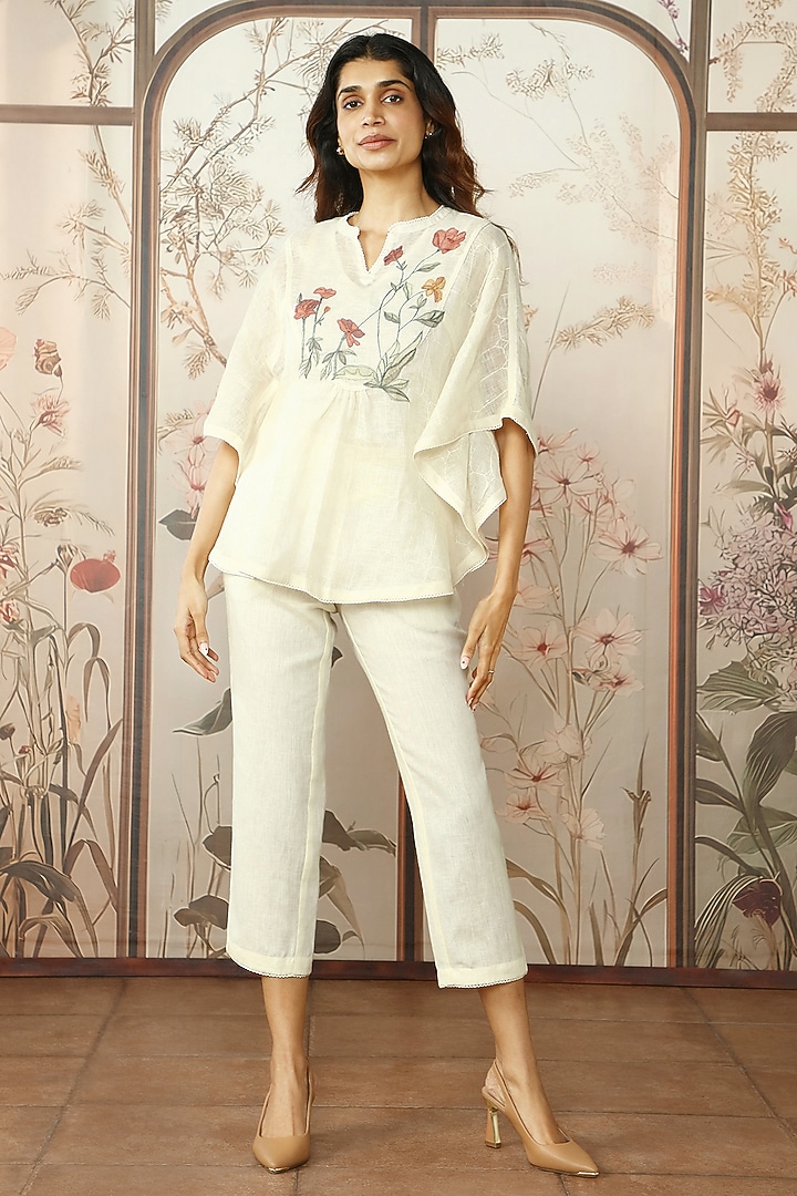 Off-White Linen Embroidered & Printed Co-Ord Set by Kaveri at Pernia's Pop Up Shop