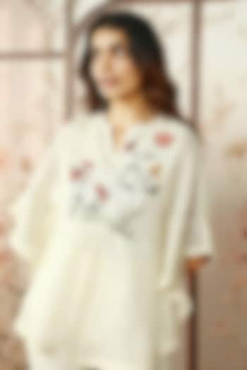 Off-White Linen Embroidered & Printed Circular Top by Kaveri at Pernia's Pop Up Shop