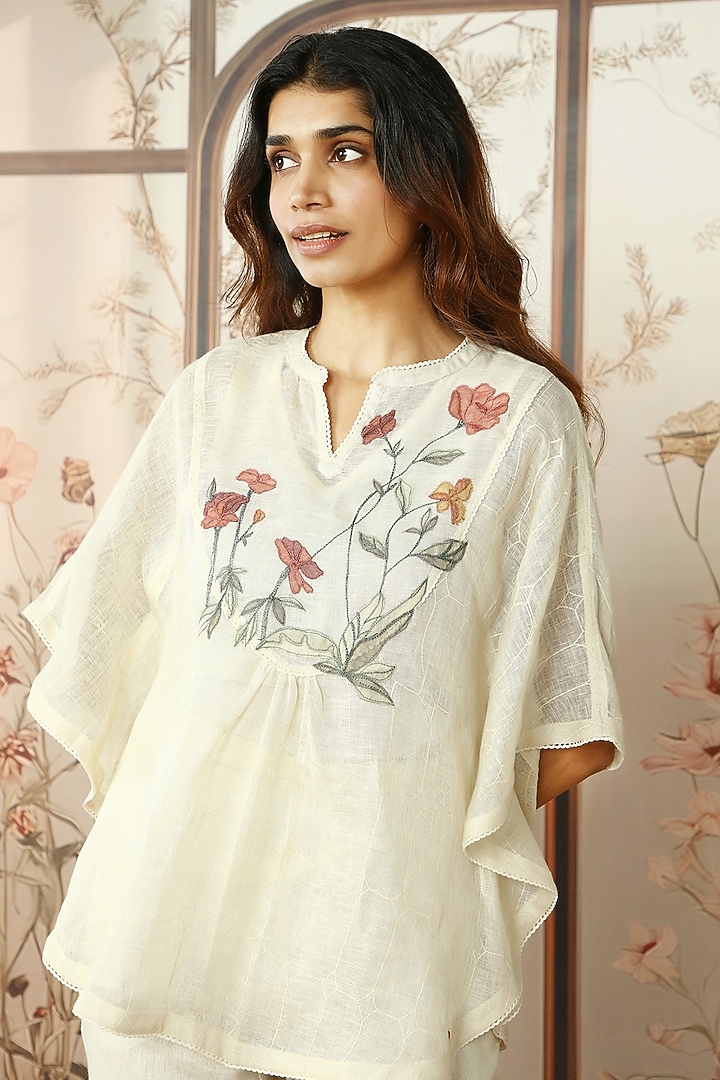 Off-White Linen Embroidered & Printed Circular Top by Kaveri at Pernia's Pop Up Shop