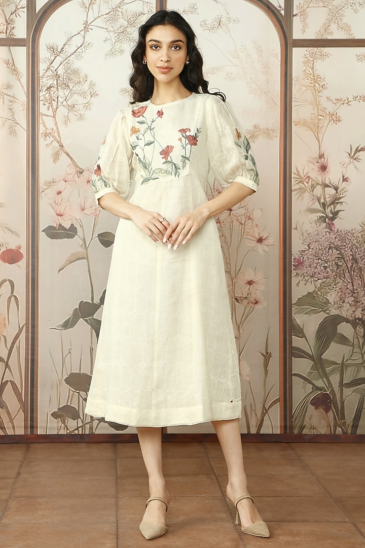 Off-White Linen Printed & Embroidered Vacation Dress by Kaveri at Pernia's Pop Up Shop