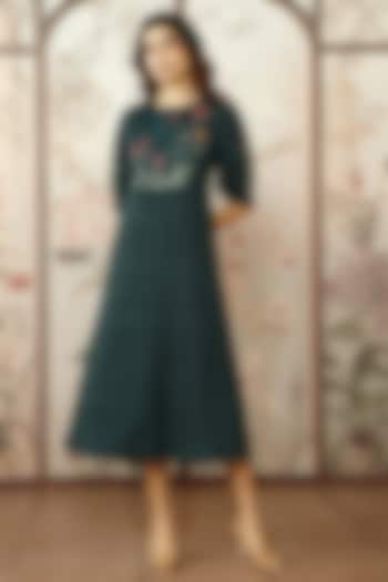 Forest Green Linen Printed & Embroidered Vacation Dress by Kaveri at Pernia's Pop Up Shop