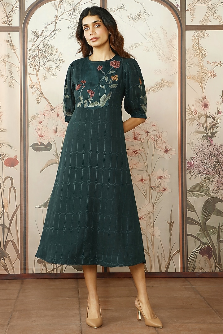 Forest Green Linen Printed & Embroidered Vacation Dress by Kaveri at Pernia's Pop Up Shop