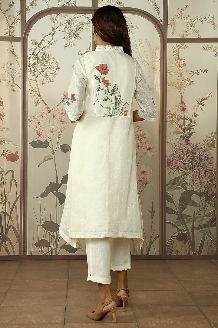 Off-White Linen Printed & Embroidered Tunic Set by Kaveri at Pernia's Pop Up Shop