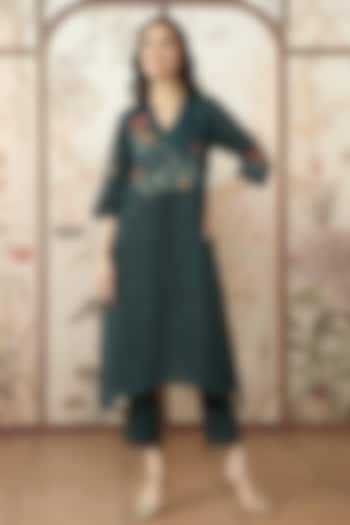 Forest Green Linen Printed & Embroidered Tunic Set by Kaveri at Pernia's Pop Up Shop