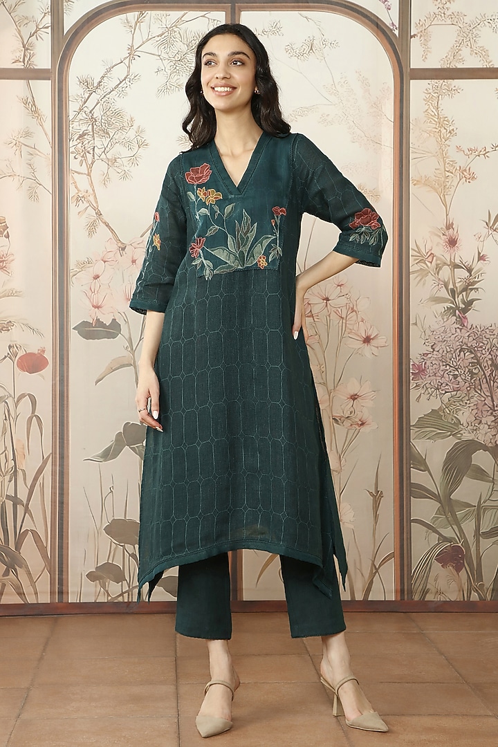Forest Green Linen Printed & Embroidered Tunic Set by Kaveri at Pernia's Pop Up Shop