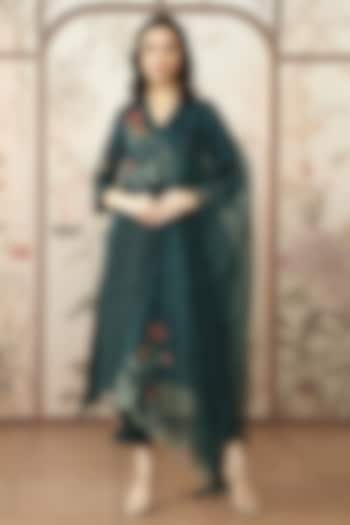 Forest Green Linen Printed & Embroidered Tunic Set by Kaveri at Pernia's Pop Up Shop