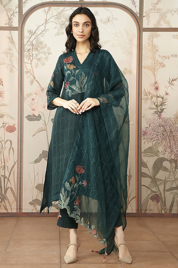 Forest Green Linen Printed & Embroidered Tunic Set by Kaveri at Pernia's Pop Up Shop