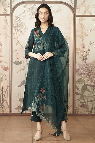 Forest Green Linen Printed & Embroidered Tunic Set by Kaveri