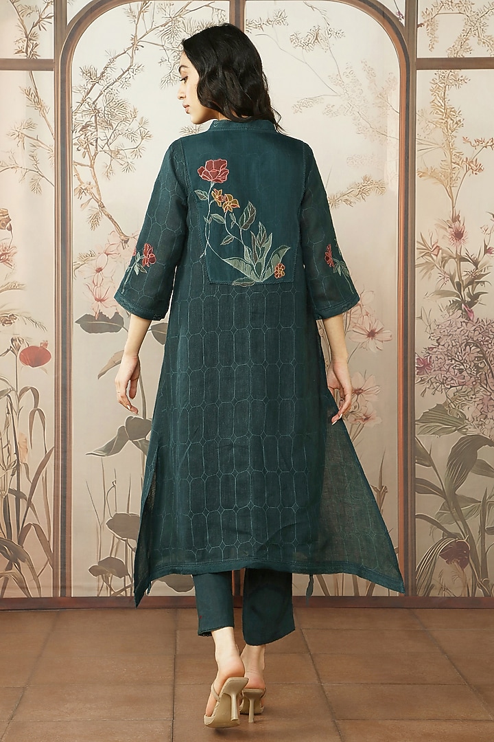 Forest Green Linen Printed & Embroidered Tunic Set by Kaveri at Pernia's Pop Up Shop