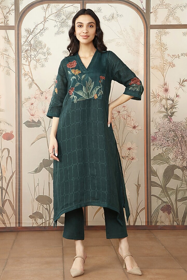 Forest Green Linen Printed & Embroidered Tunic Set by Kaveri at Pernia's Pop Up Shop