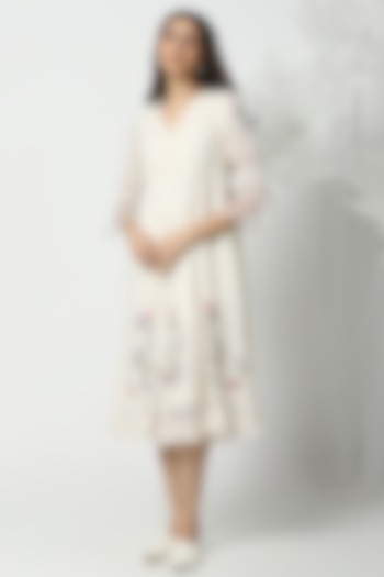 Off-White Linen Hand Embroidered Vacation Dress by Kaveri at Pernia's Pop Up Shop